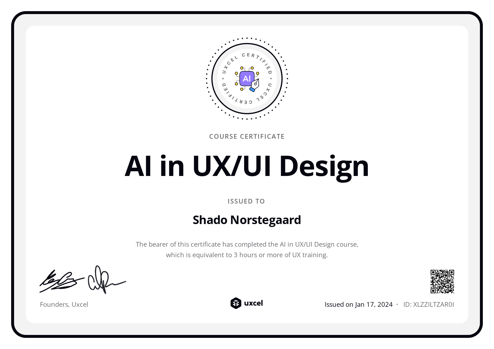 Shado Norstegaard's certificate